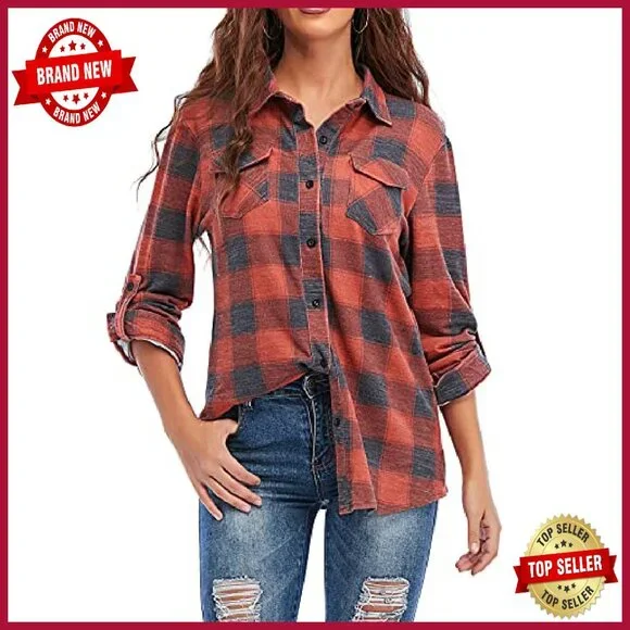 Women's Casual Long Sleeve Button Down Plaid Flannel Shirt - Picture 3 of 8